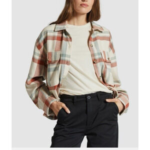 Brixton Plaid Flannel Shirt White Smoke Terracotta Womens LG Spring Transitional